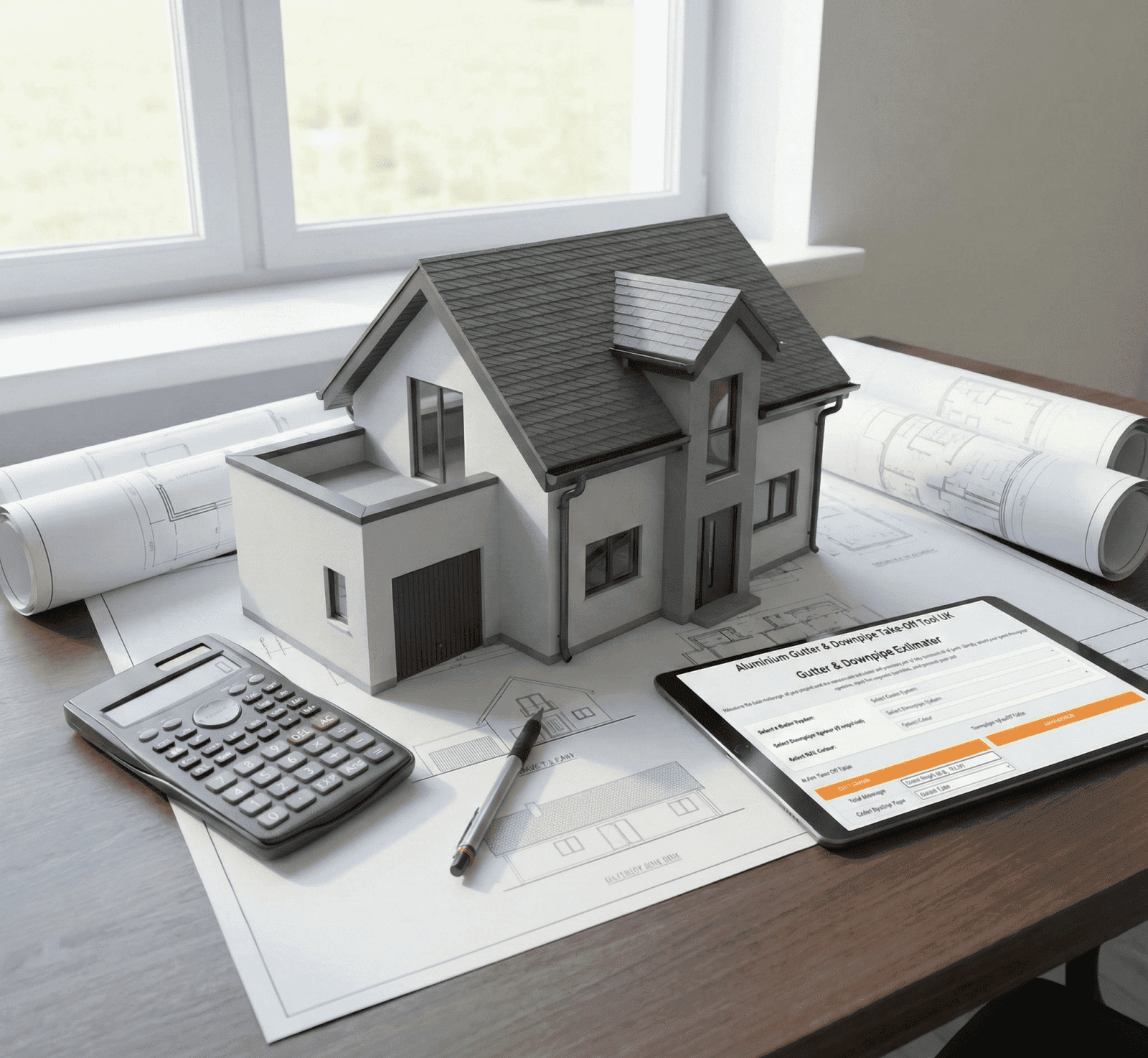Architectural house model featuring anthracite grey aluminium gutters, fascias, and wall copings, resting on blueprints alongside a calculator and a tablet displaying the Alugutter Gutter & Downpipe Estimator tool interface.