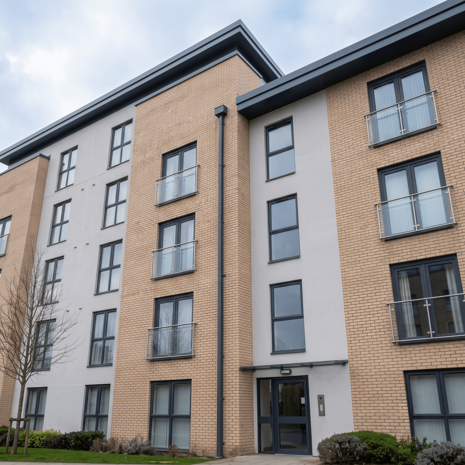 Modern UK apartment building facade featuring light buff brick, smooth render, and a prominent anthracite grey square aluminium rainwater downpipe, gutter, and wall copings.