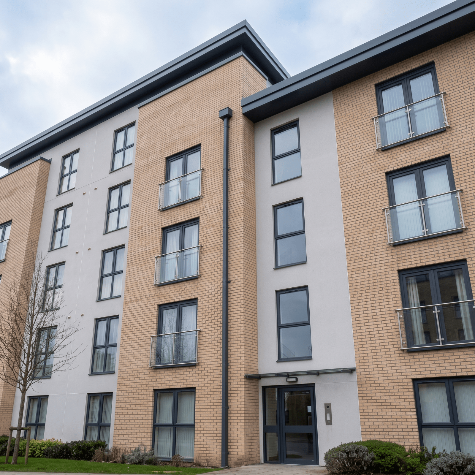 Modern UK apartment building facade featuring light buff brick, smooth render, and a prominent anthracite grey square aluminium rainwater downpipe, gutter, and wall copings.