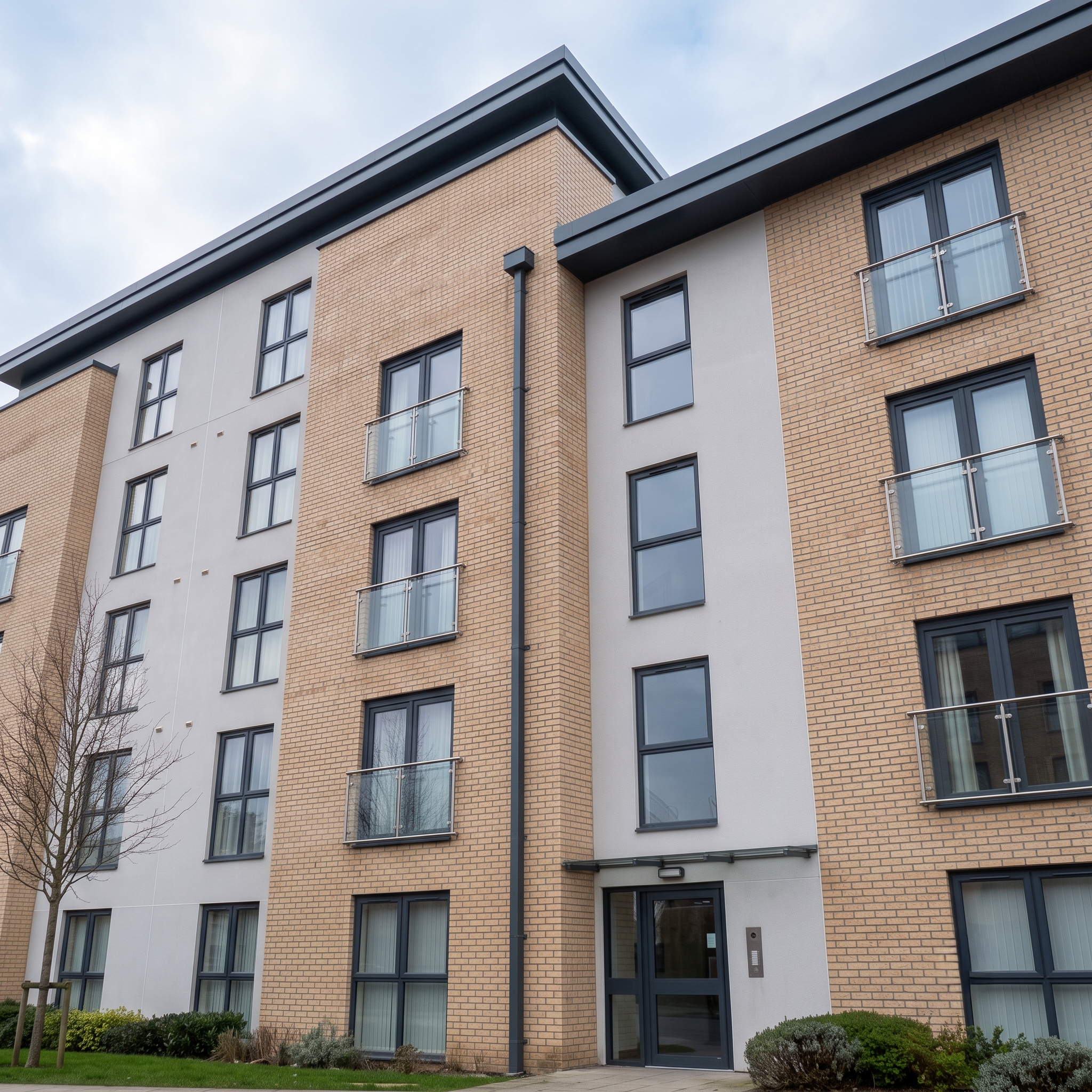 Modern UK apartment building facade featuring light buff brick, smooth render, and a prominent anthracite grey square aluminium rainwater downpipe, gutter, and wall copings.