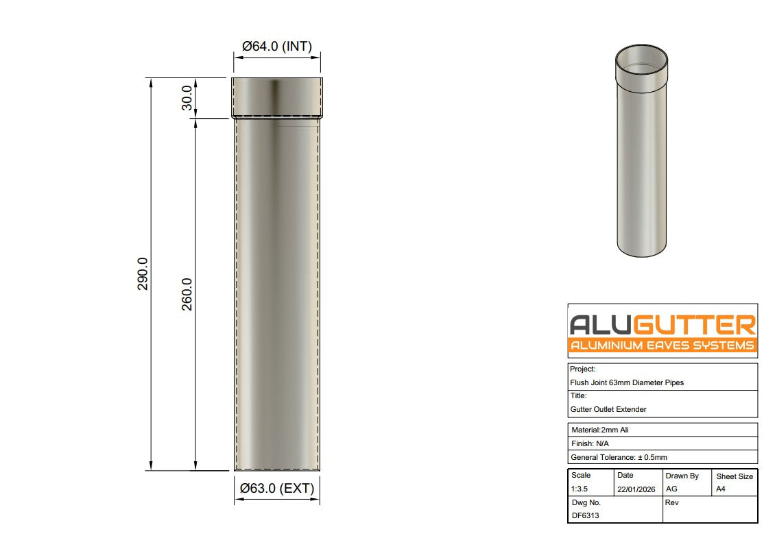 Gutter Outlet Extender 63mm Dia - Alugutter