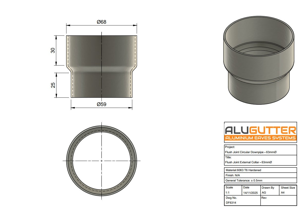 DF634 - FLUSH JOINT OUTLET TO DOWNPIPE LENGTH CONNECTOR- 63mm DIA - Technical Drawing - Alugutter