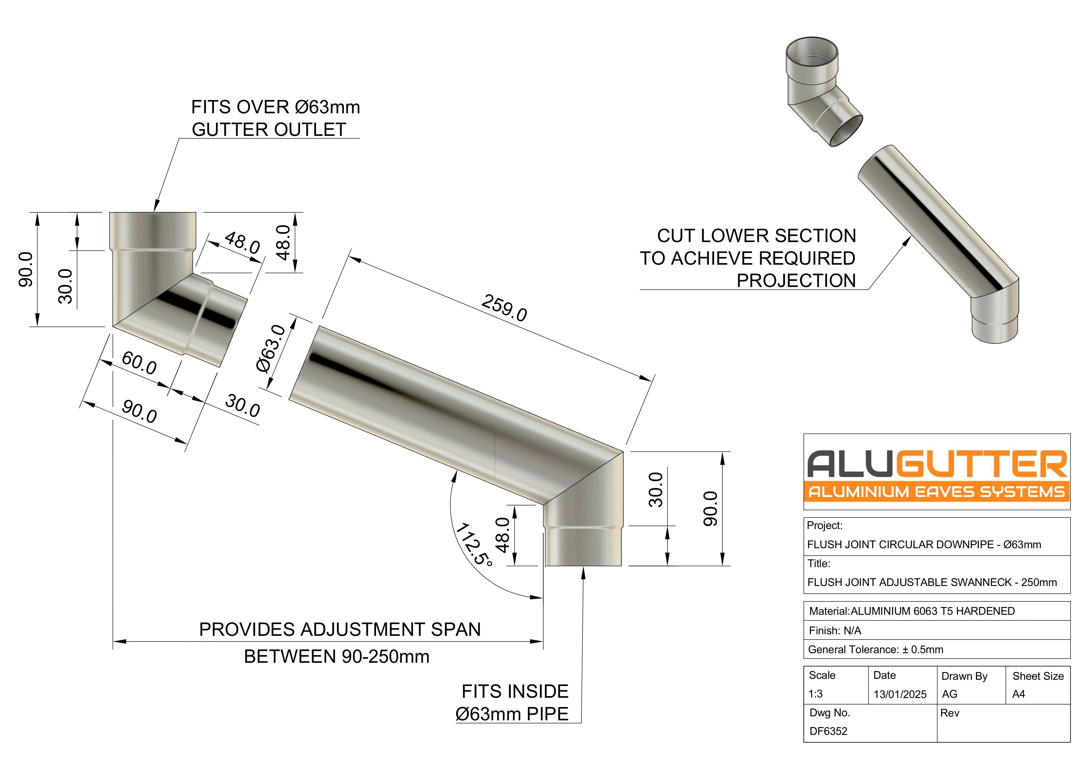 Flush Joint Adjustable Swanneck 63mm - 250mm - Alugutter