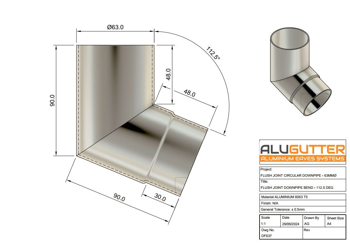 Flush Joint Downpipe Bend 112.5 degrees, 63mm Dia - Alugutter