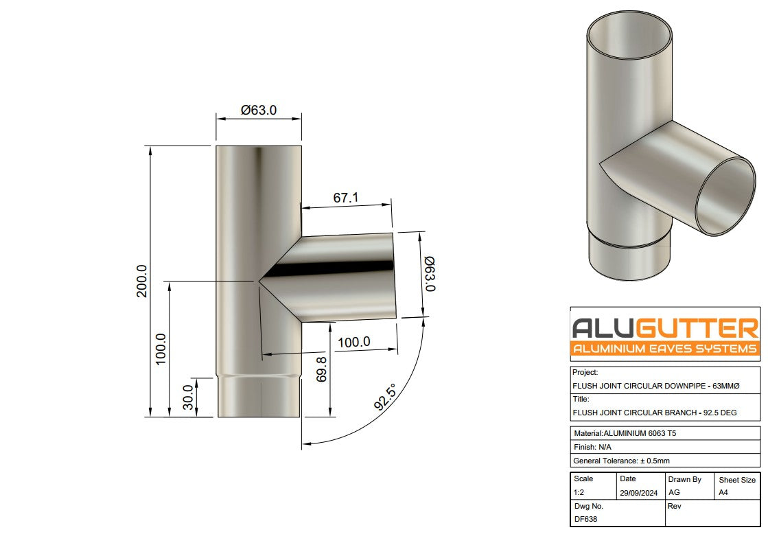 Flush Joint Downpipe Branch 92.5 degrees, 63mm Dia - Alugutter