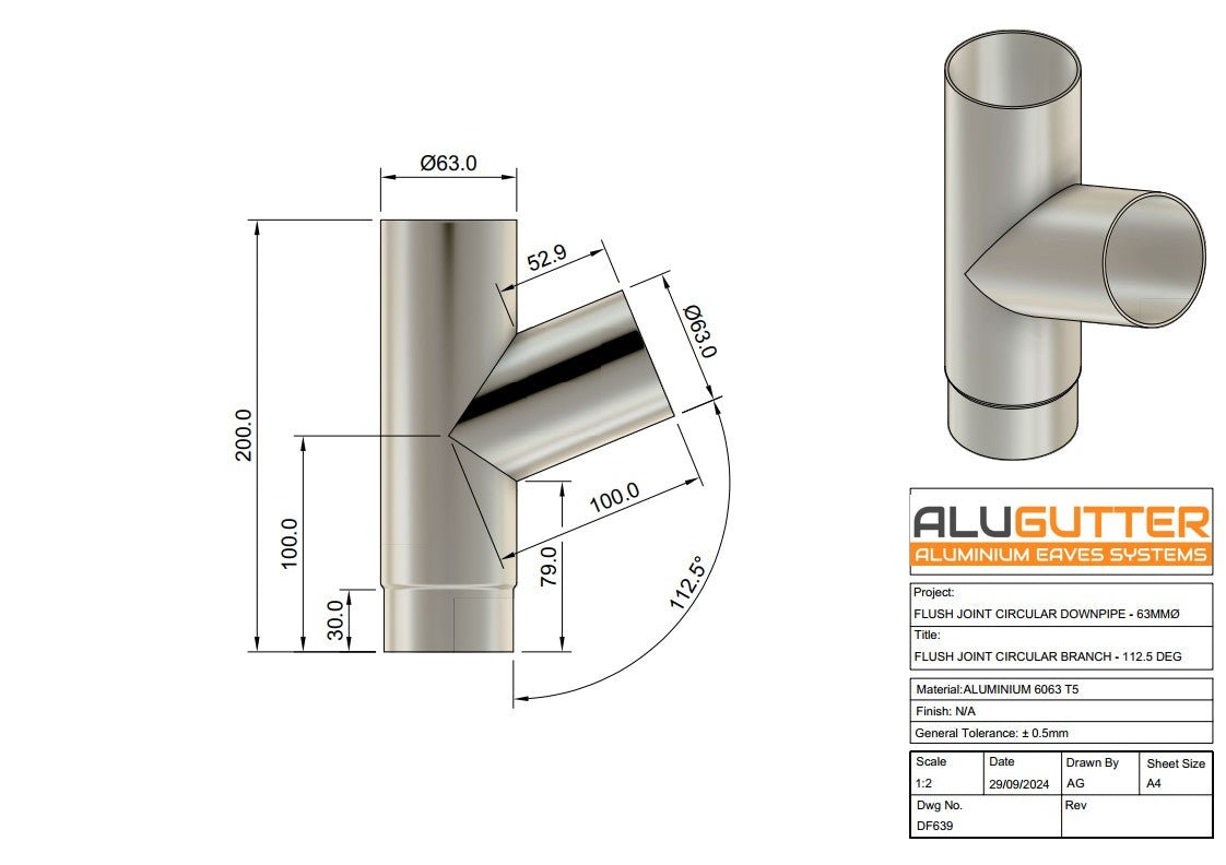 Flush Joint circular branch 112.5 Degree, 63mm Dia - Alugutter