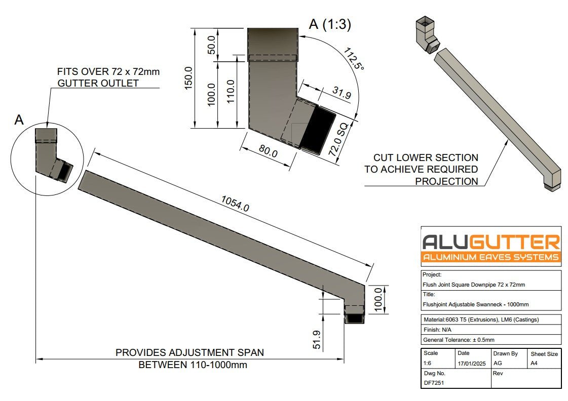 Flush Joint Adjustable Swanneck 72 x 72mm - 1000mm - Alugutter