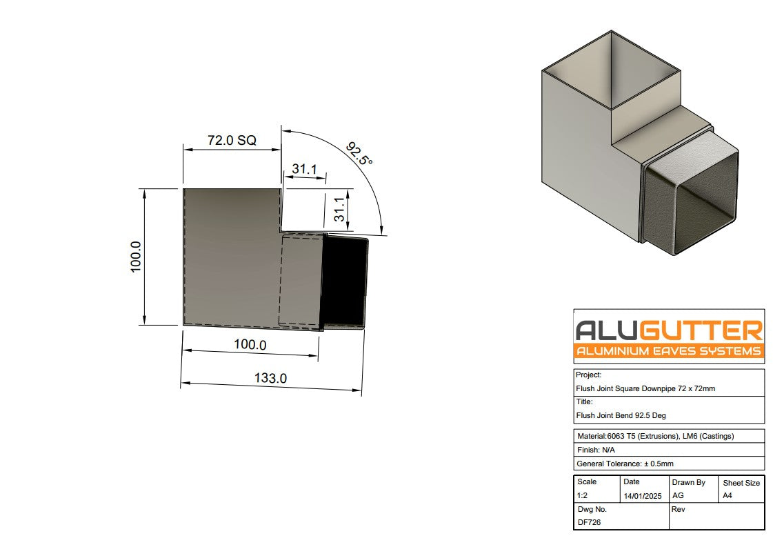 Flush Joint Downpipe Bend 92.5 degrees, 72 x 72mm - Alugutter