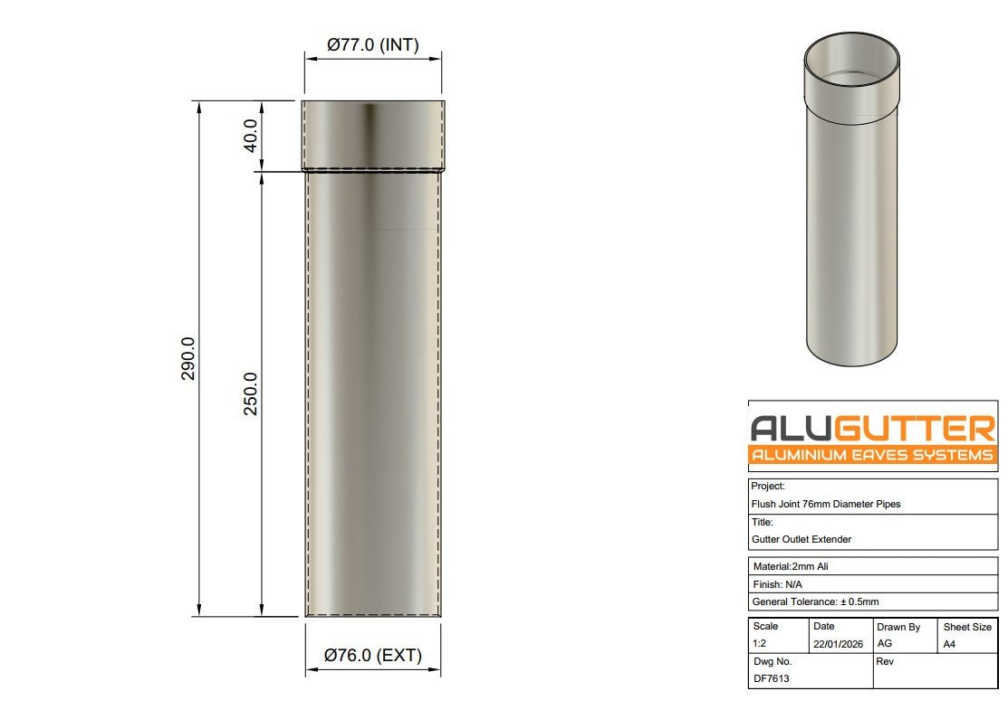 Gutter Outlet Extender 76mm Dia - Alugutter