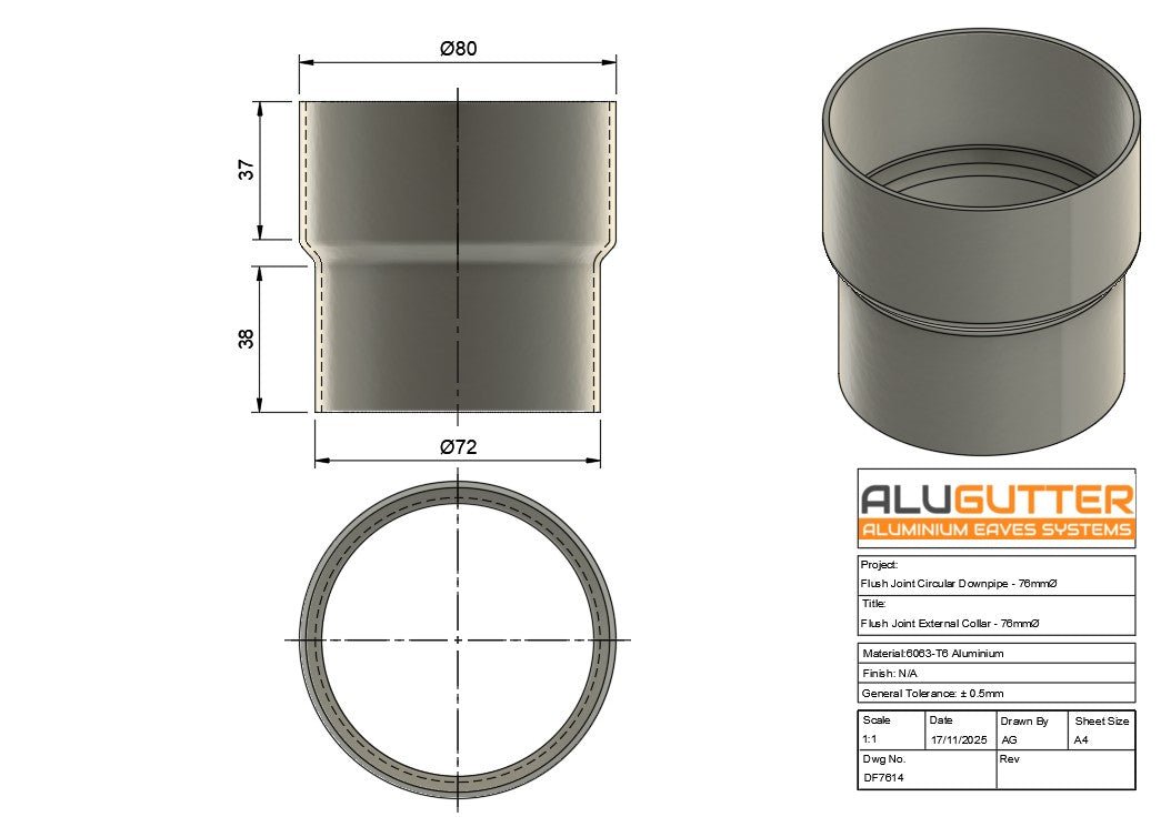DF7614 - FLUSH JOINT OUTLET TO DOWNPIPE LENGTH CONNECTOR- 76mm DIA - Technical Drawing - Alugutter