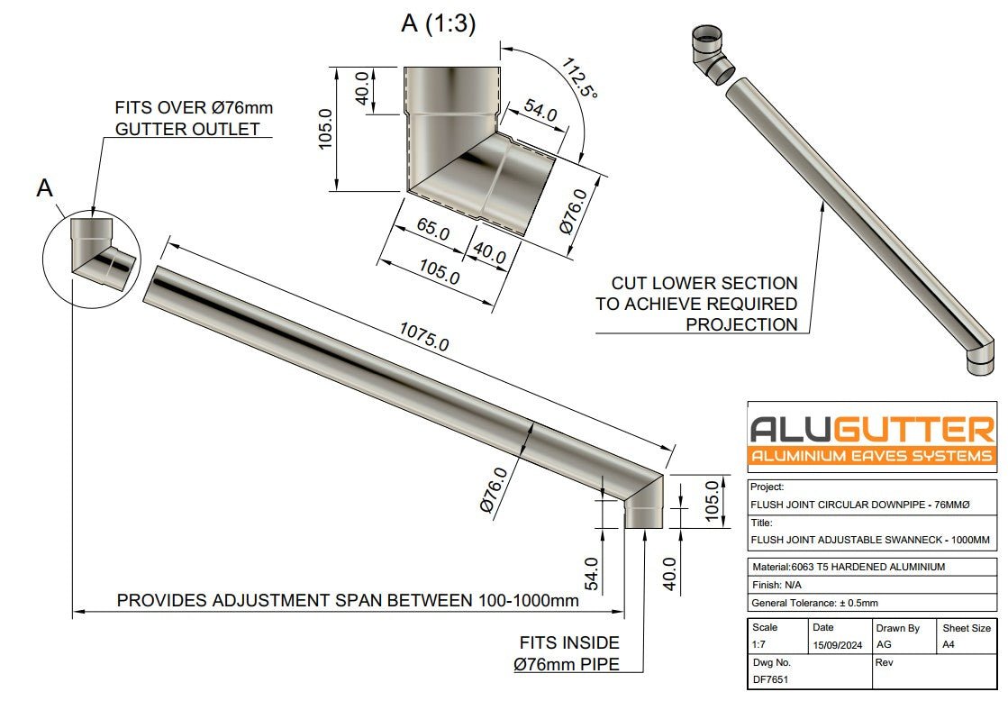 Flush Joint Adjustable Swanneck 76mm - 1000mm - Alugutter