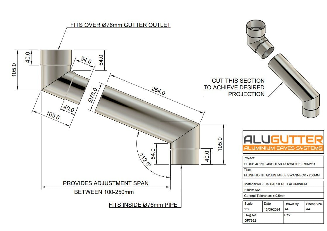 Flush Joint Adjustable Swanneck 76mm - 250mm - Alugutter