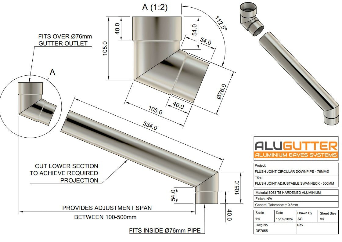Flush Joint Adjustable Swanneck 76mm - 500mm - Alugutter