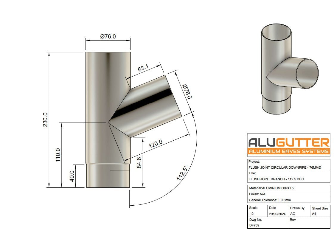Flush Joint Downpipe Branch 112.5 degrees, 76mm Dia - Alugutter