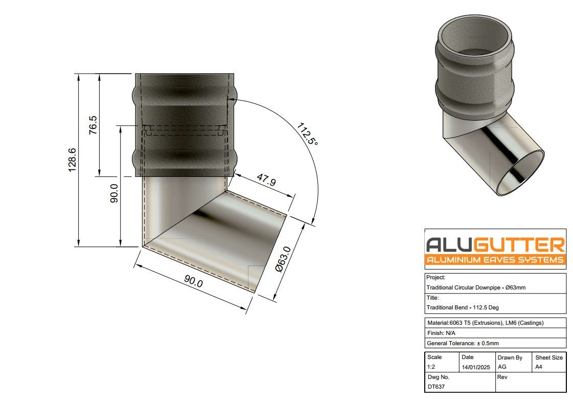 Traditional Downpipe Bend 112.5 degrees, 63mm Dia - Alugutter
