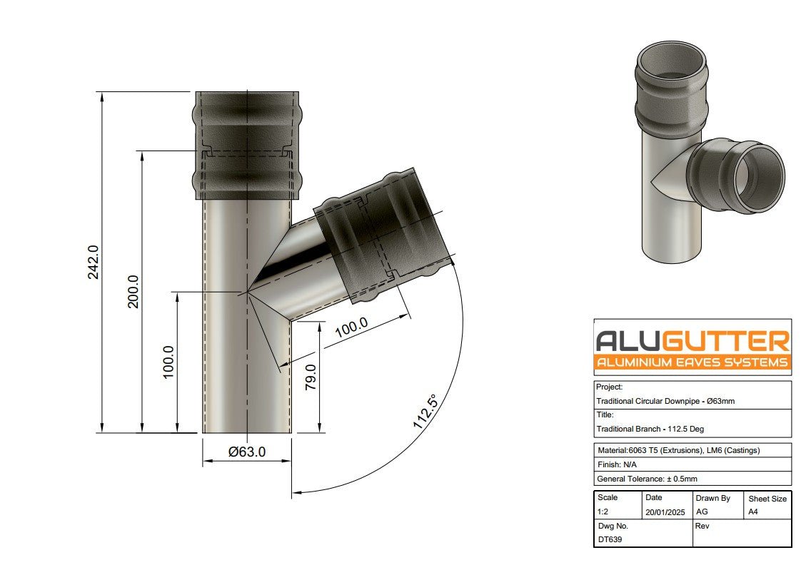Traditional Downpipe Branch 112.5 degrees, 63mm Dia - Alugutter