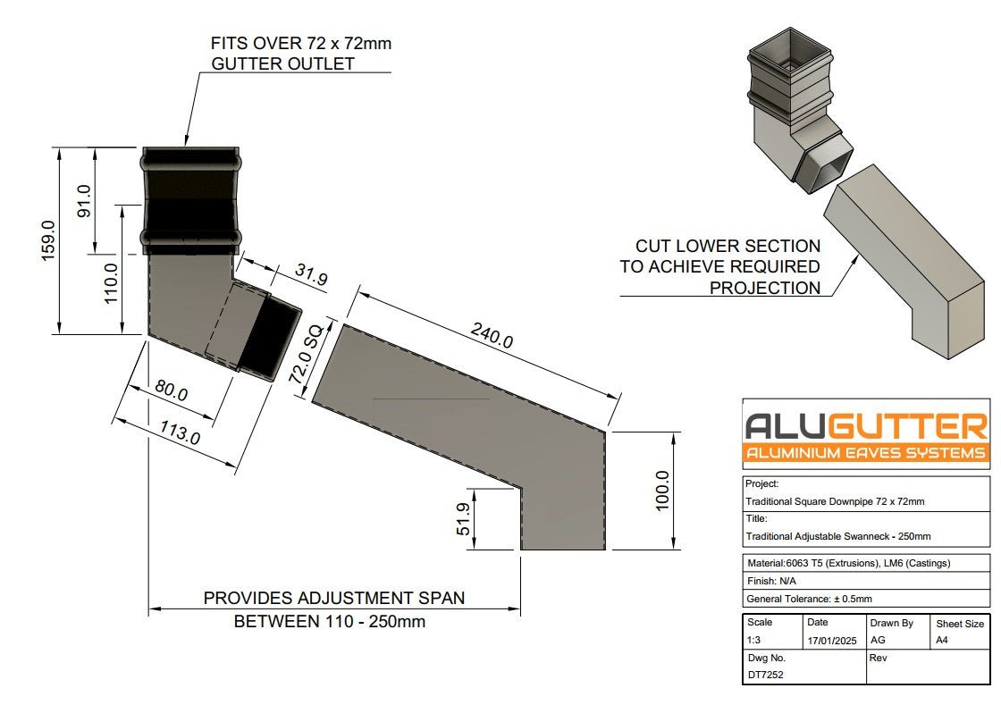 Technical dimension drawing of an ALUGutter aluminum seamless downpipe adjustable offset, showing measurements, fitment details.