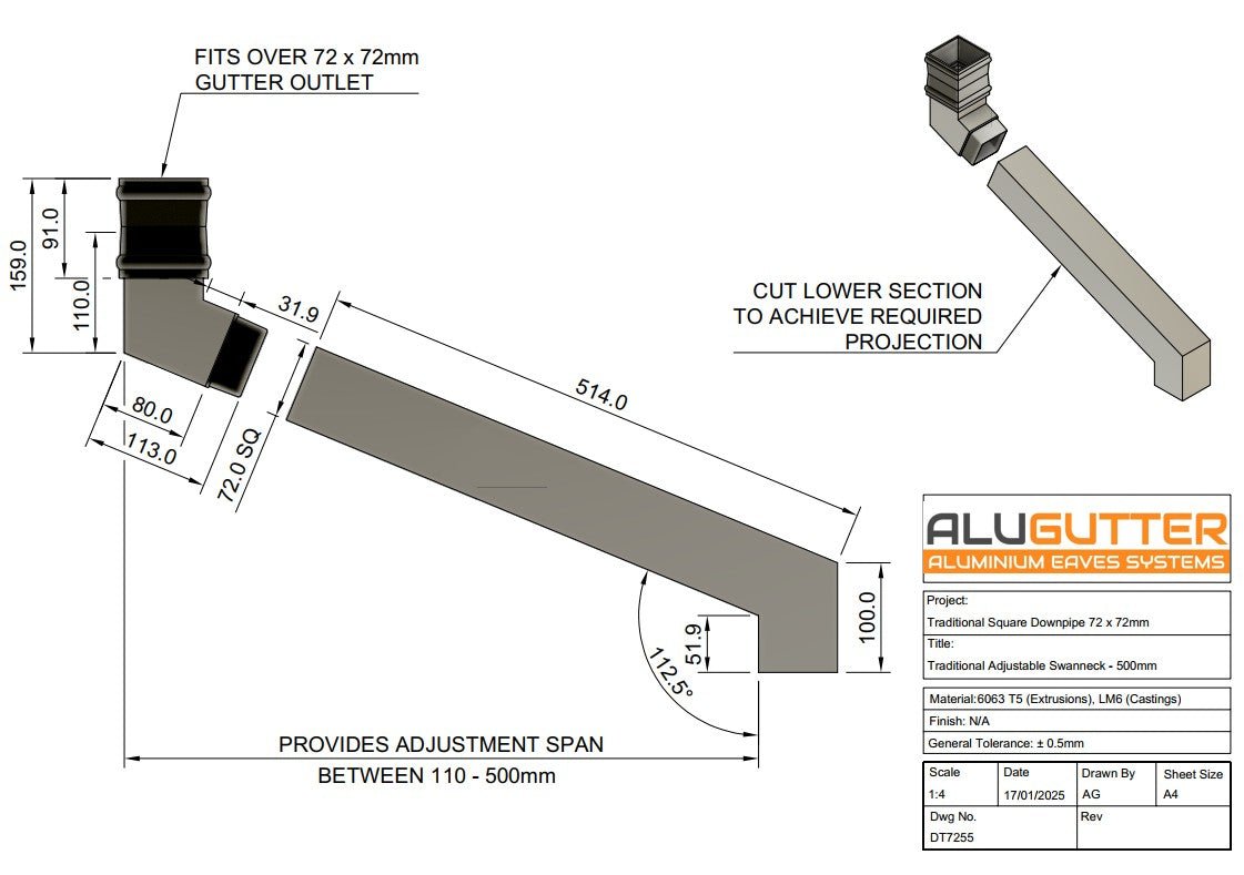 Traditional Adjustable Swanneck 72 x 72mm - 500mm - Alugutter
