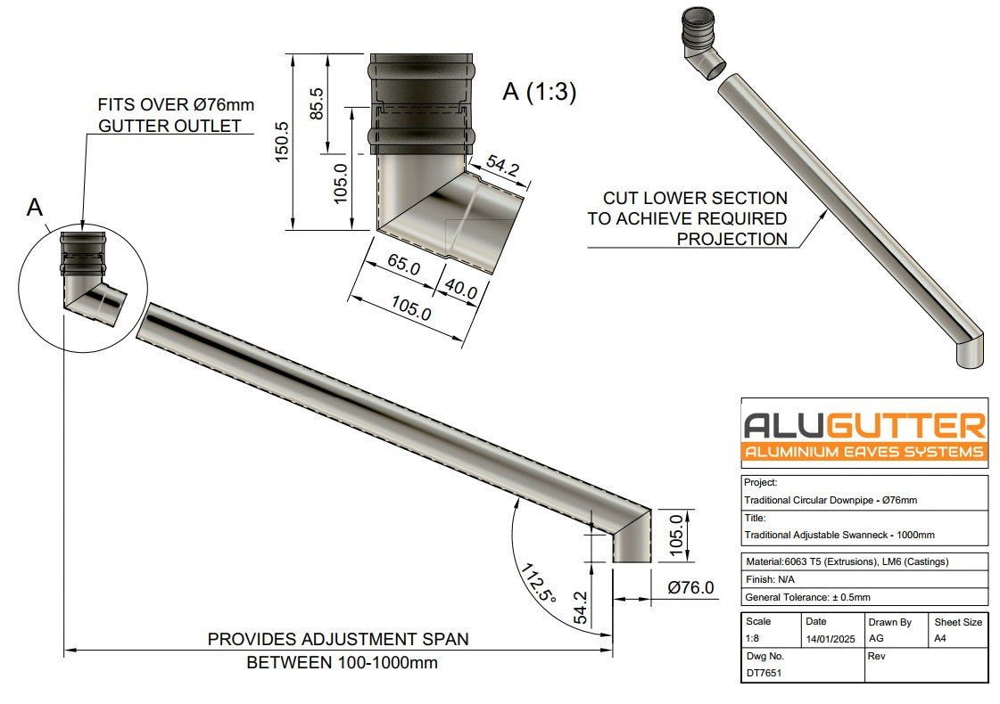 Traditional Adjustable Swanneck 76mm - 1000mm - Alugutter