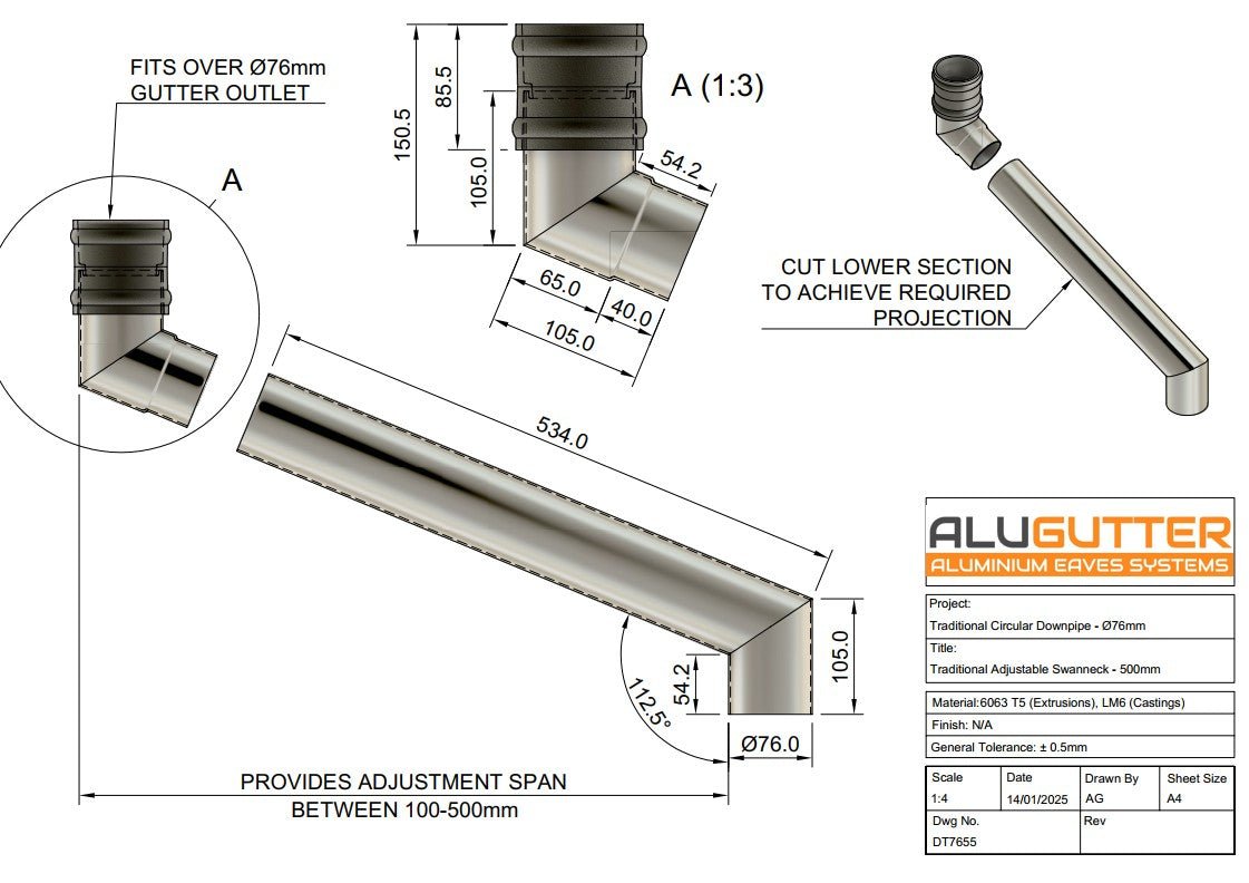 Traditional Adjustable Swanneck 76mm - 250mm - Alugutter