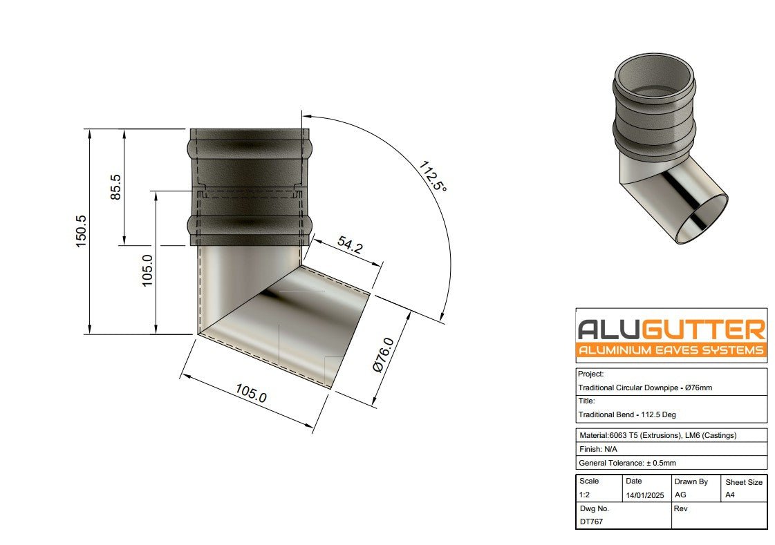 Traditional Downpipe Bend 112.5 degrees, 76mm Dia - Alugutter