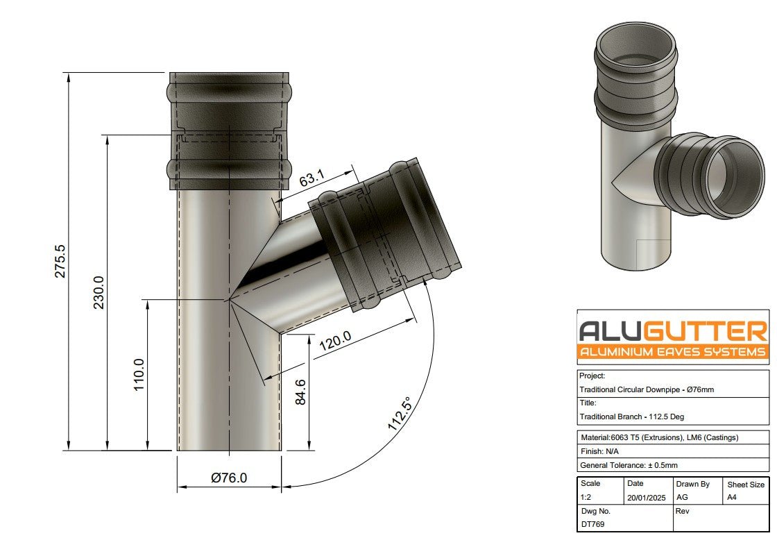 Traditional Downpipe Branch 112.5 degrees, 76mm Dia - Alugutter