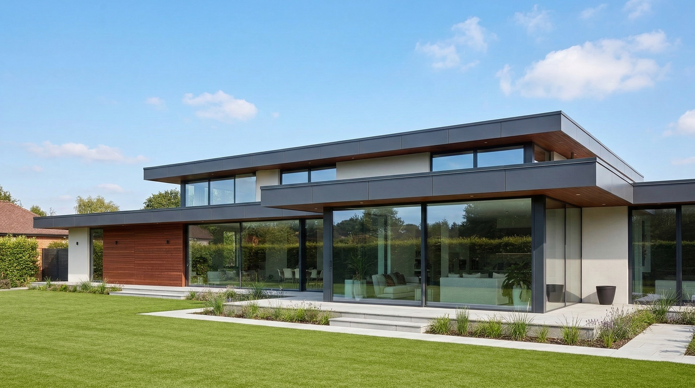Modern house with grey aluminium fascia boards, large glass windows and a clear blue sky - Alugutter