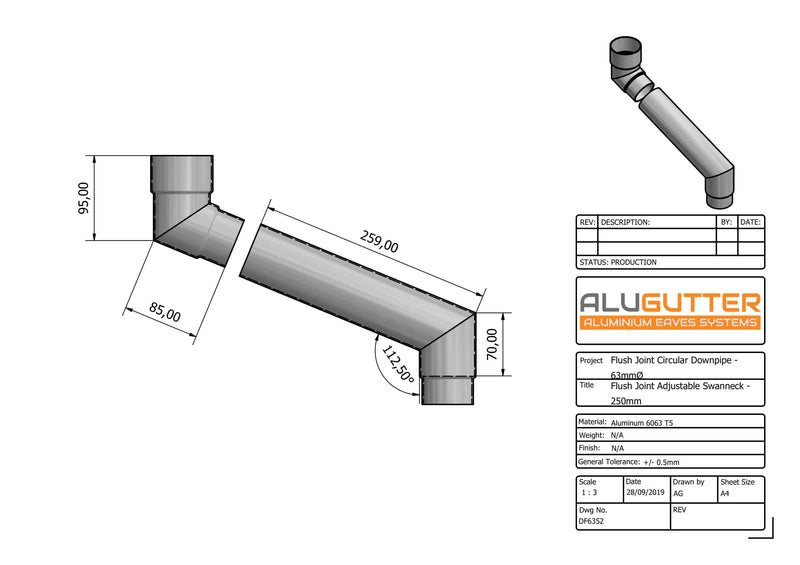 DF6352 - FLUSH JOINT ADJUSTABLE SWANNECK - 80-250mm PROJ - 63mm DIA - Alugutter