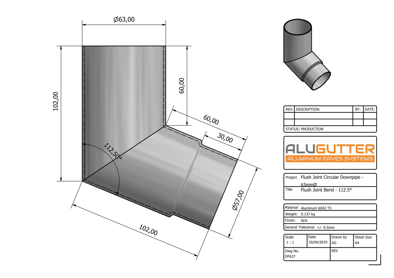 DF637 - FLUSH JOINT DOWNPIPE BEND - 92.5 DEG - 63mm DIA - Alugutter