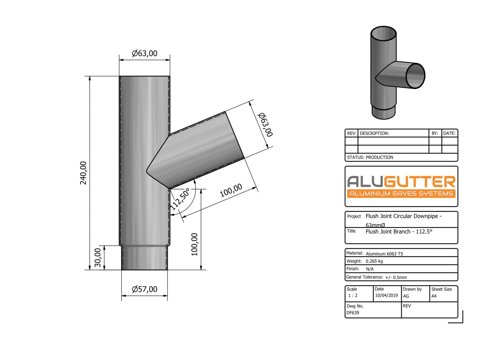 DF639 - FLUSH JOINT BRANCH - 92.5 DEG - 63mm DIA - Alugutter