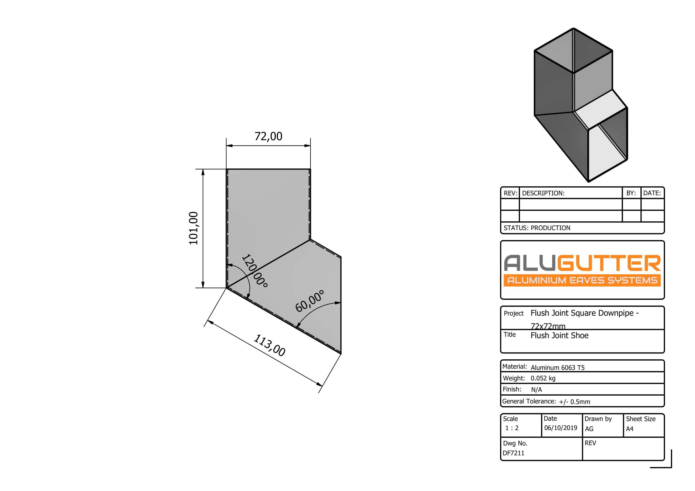 DF7211 - FLUSH JOINT SHOE - 72x72mm - Alugutter