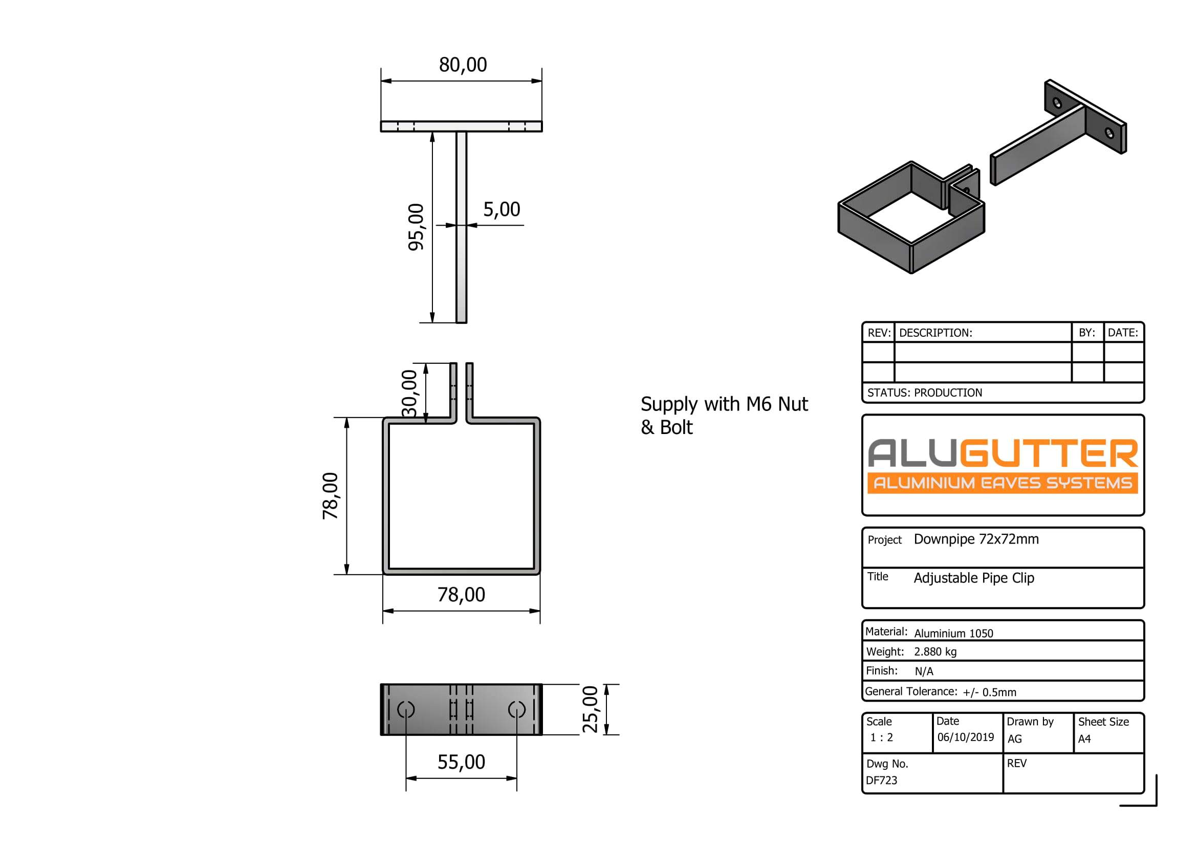 DF723 - ADJUSTABLE ALUMINIUM PIPE CLIP - 72x72mm