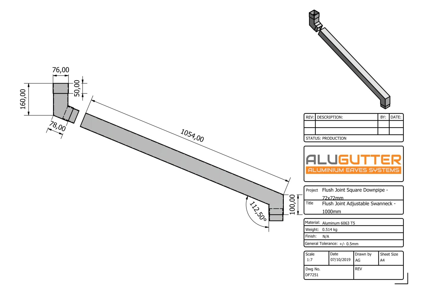 DF7251 - FLUSH JOINT ADJUSTABLE SWANNECK - 100-1000mm PROJ - 72x72mm - Alugutter