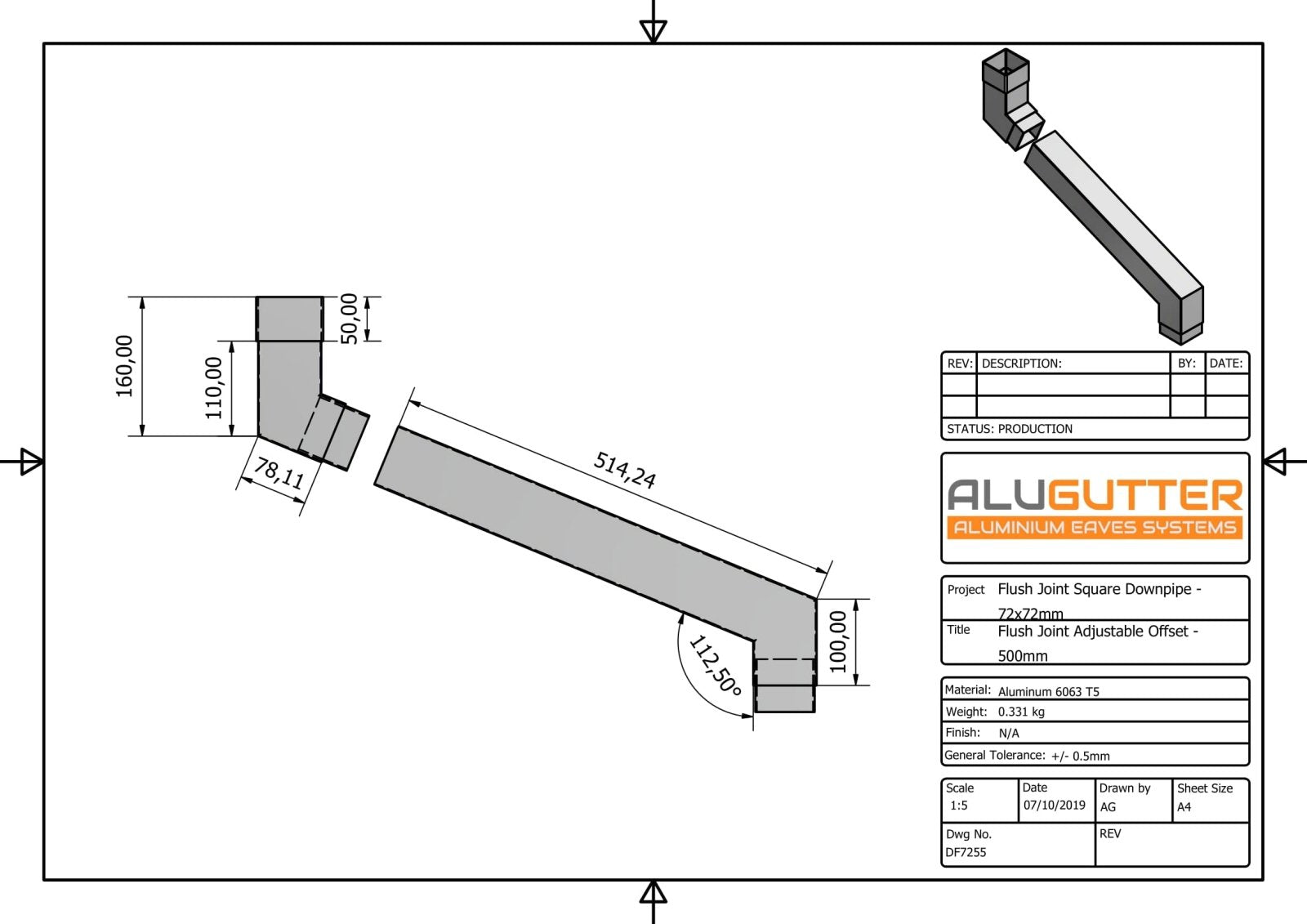 DF7255 - FLUSH JOINT ADJUSTABLE SWANNECK - 100-500mm PROJ - 72x72mm - Alugutter