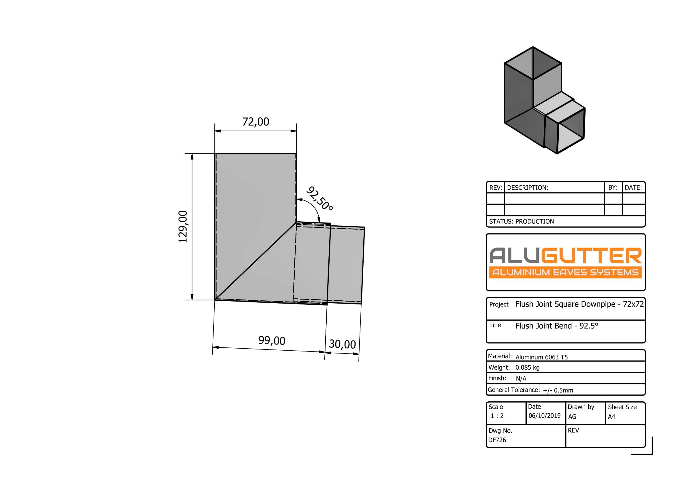 DF726 - FLUSH JOINT BEND - 92.5 DEG - 72x72mm - Alugutter