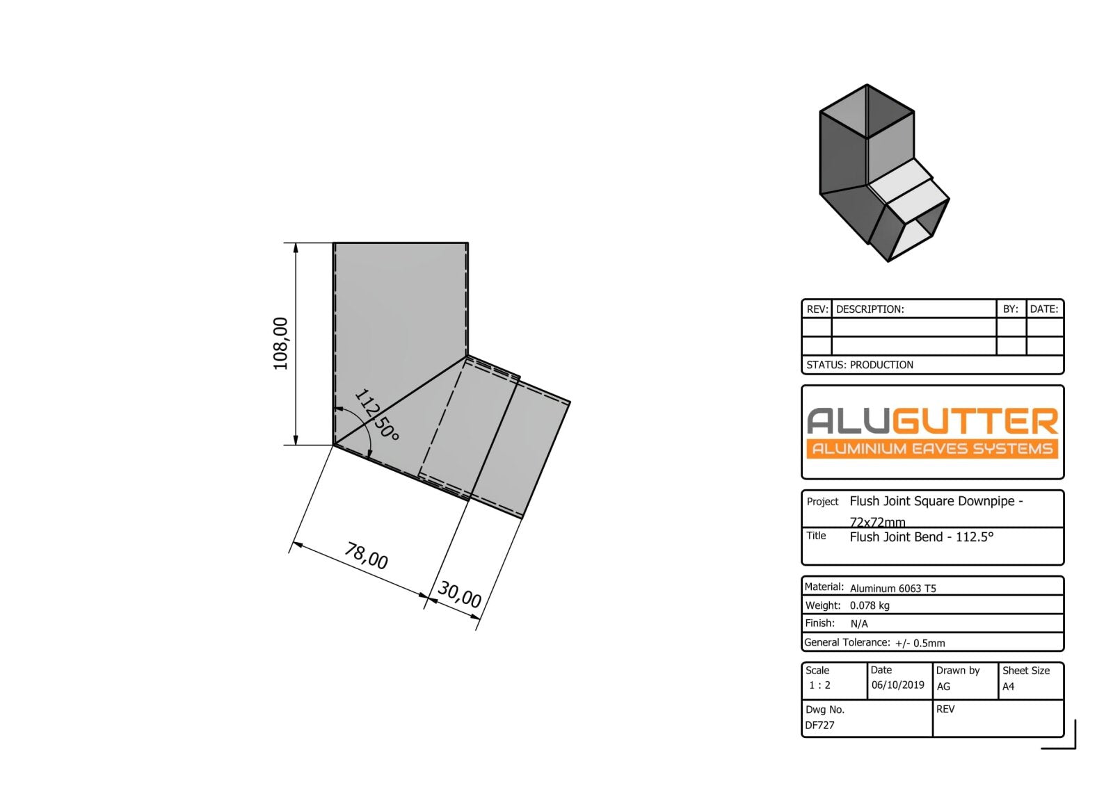 DF727 - FLUSH JOINT BEND - 112.5 DEG - 72x72mm - Alugutter