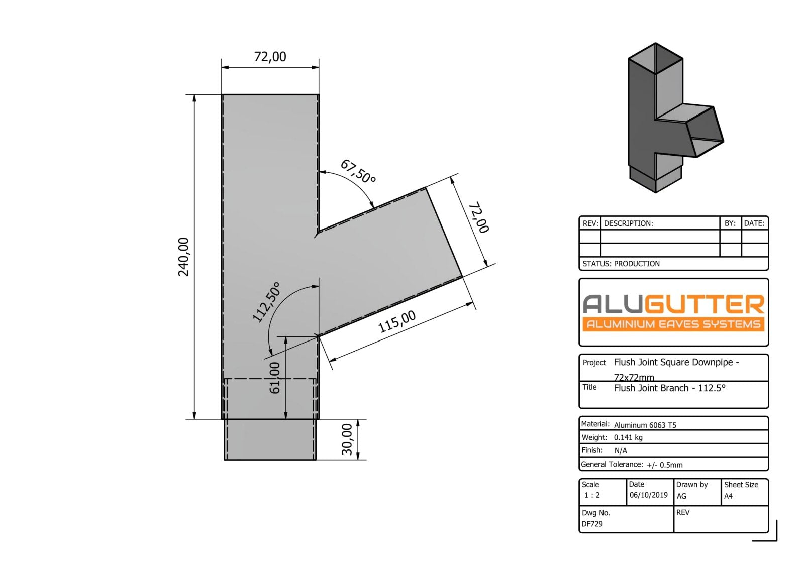 DF729 - FLUSH JOINT BRANCH - 112.5 DEG - 72x72mm - Alugutter