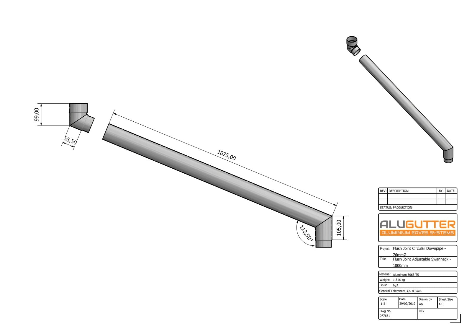 FLUSH JOINT DOWNPIPE ADJUSTABLE SWANNECKS - 76mm DIA