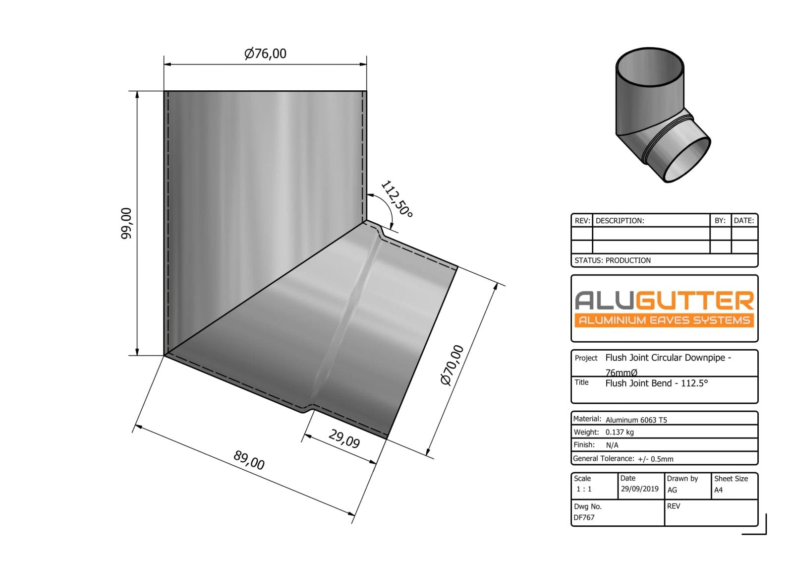 DF767 - FLUSH JOINT BEND - 112.5 DEG - 76mm DIA - Alugutter