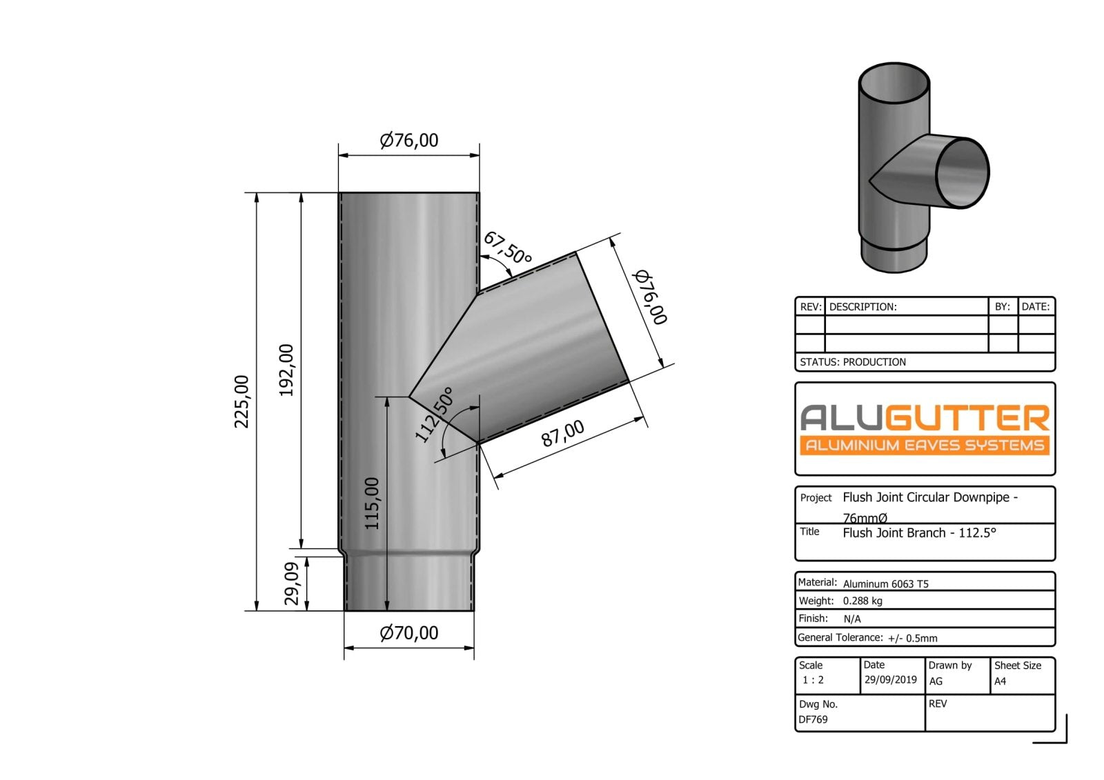 DF769 - FLUSH JOINT BRANCH - 112.5 DEG - 76mm DIA - Alugutter