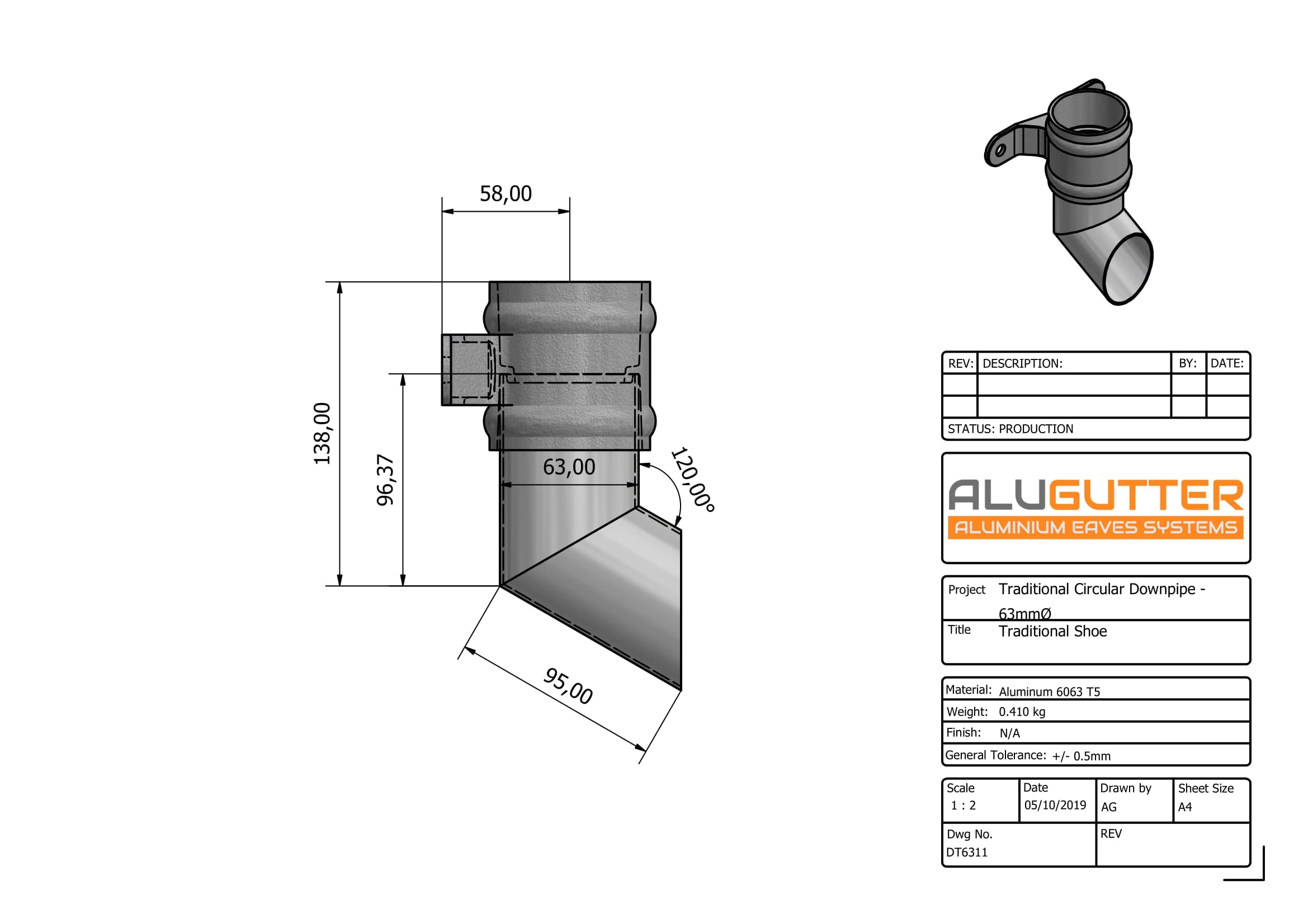 DT6311 - TRADITIONAL SHOE - 63mm DIA - Alugutter