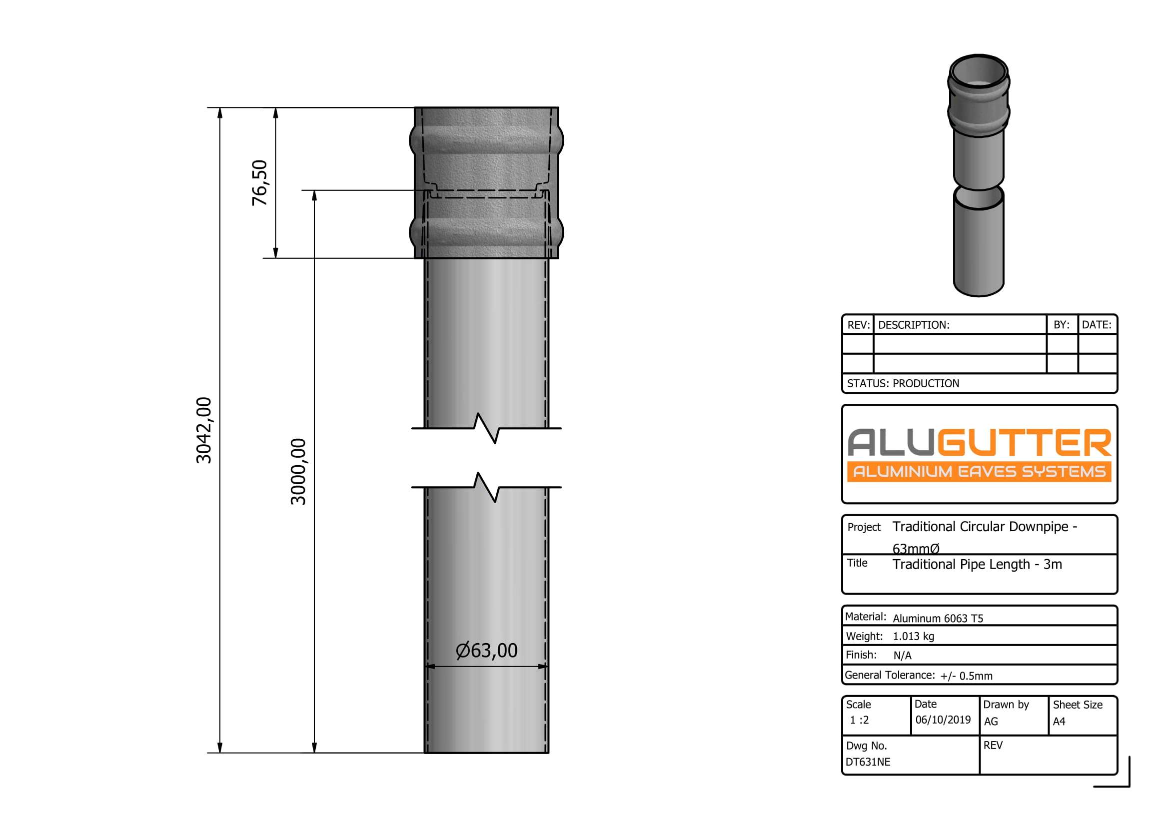 DT631NE - TRADITIONAL DOWNPIPE LENGTH - (Non Eared Socket) 63mm DIA x 3m - Alugutter