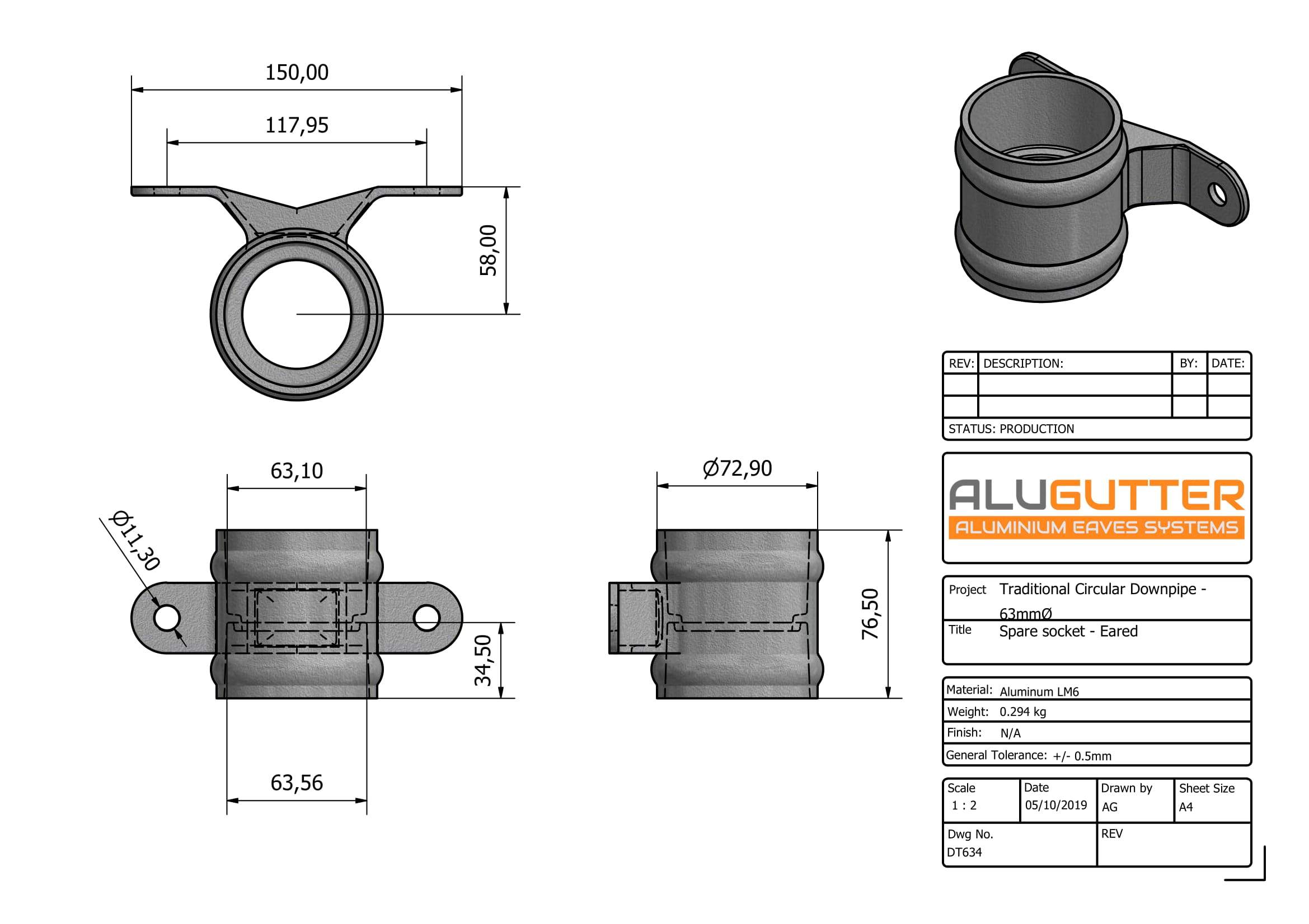 DT634 - TRADITIONAL SPARE SOCKET (Eared) - 63mm DIA - Alugutter