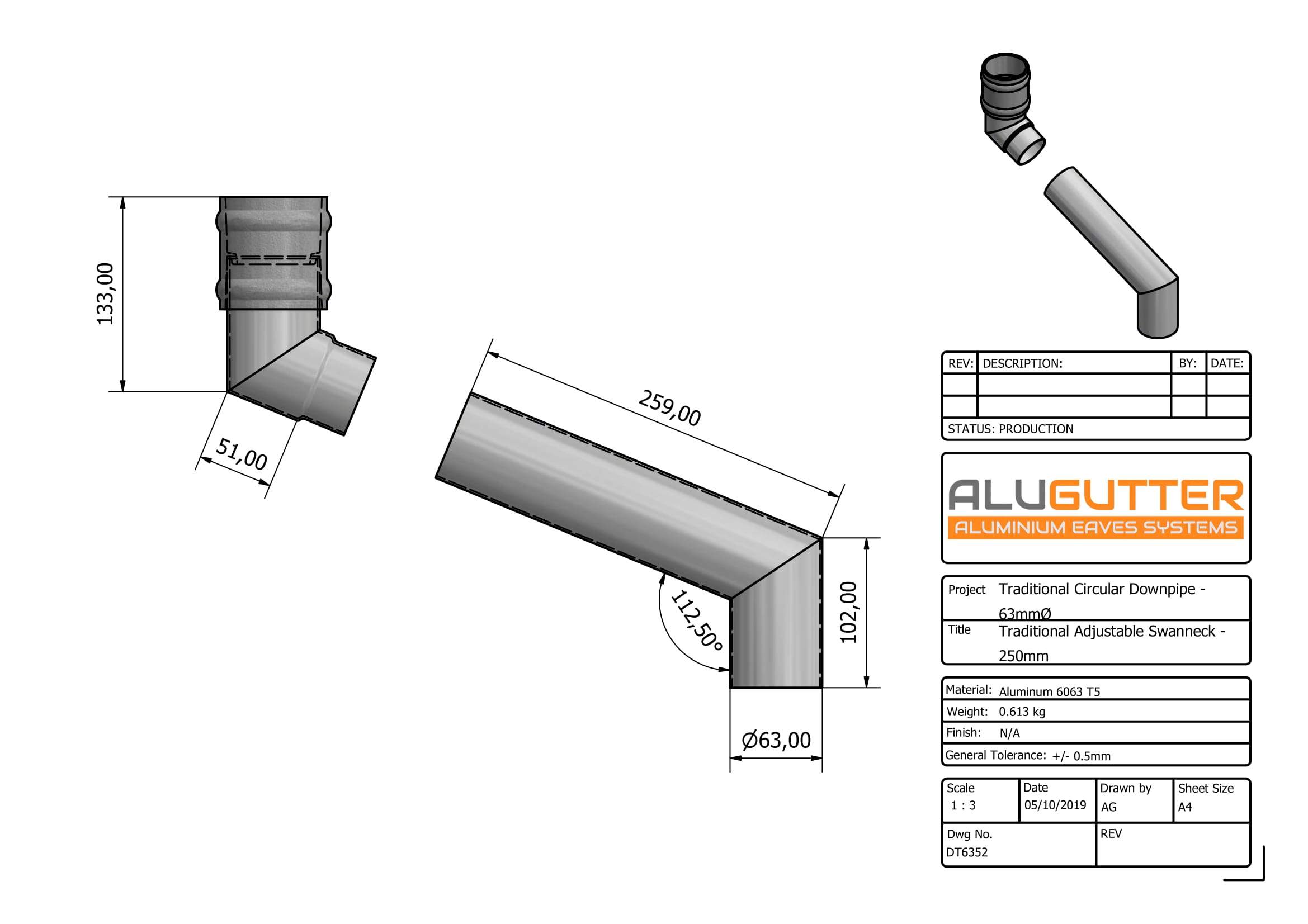 DT6352 - TRADITIONAL ADJUSTABLE SWANNECK - 80-250mm PROJ - 63mm DIA - Alugutter