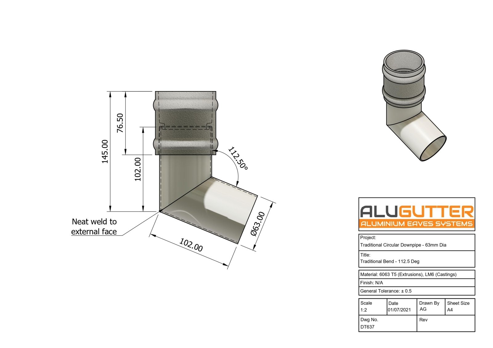TRADITIONAL ALUMINIUM DOWNPIPE BENDS - 63mm DIA