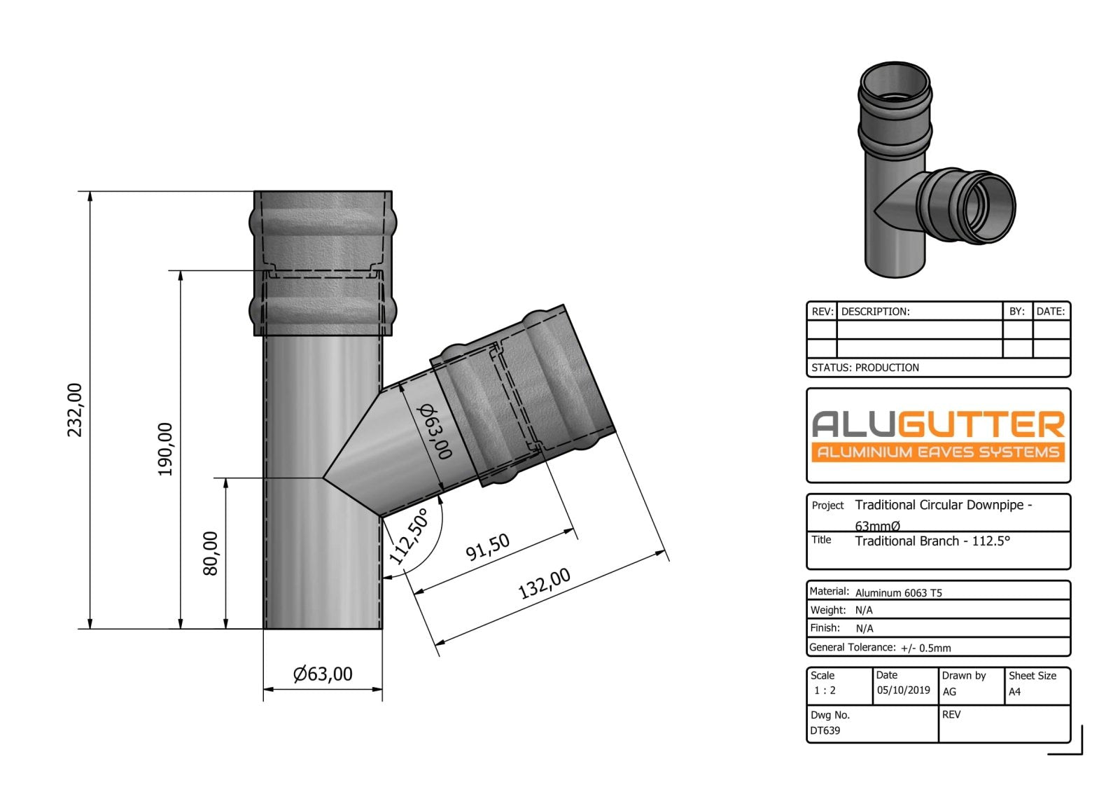 DT639 - TRADITIONAL BRANCH - 112.5 DEG - 63mm DIA - Alugutter