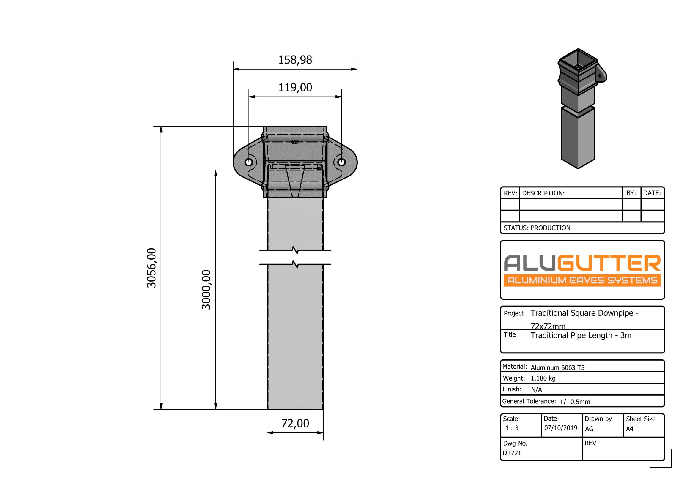 DT721 - TRADITIONAL DOWNPIPE LENGTH - (Eared Socket) 72x72mm x 3m - Alugutter