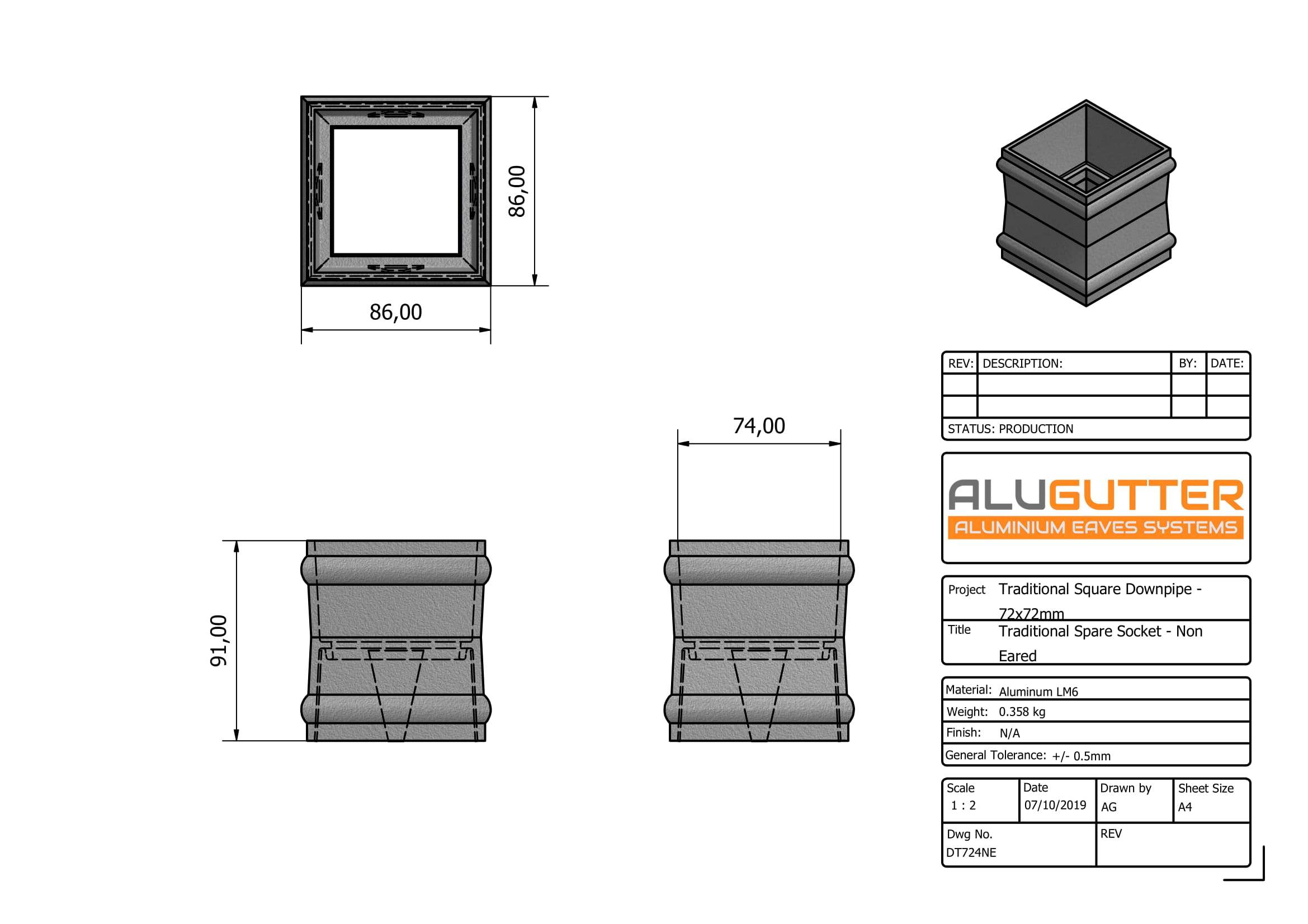 DT724NE - TRADITIONAL SPARE SOCKET (Non Eared) - 72x72mm - Alugutter