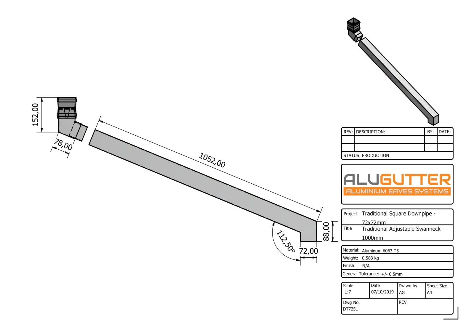 DT7251 - TRADITIONAL ADJUSTABLE SWANNECK - 100-1000mm PROJ - 72x72mm - Alugutter