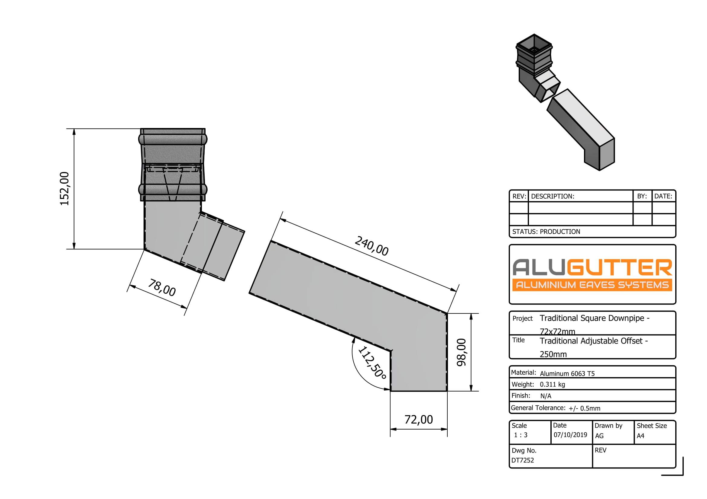 DT7252 - TRADITIONAL ADJUSTABLE SWANNECK - 100-250mm PROJ - 72x72mm - Alugutter